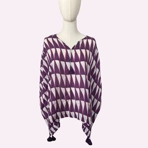 Figue Purple and White Kaftan 100% Silk poncho kimono Top XS/S clowncore